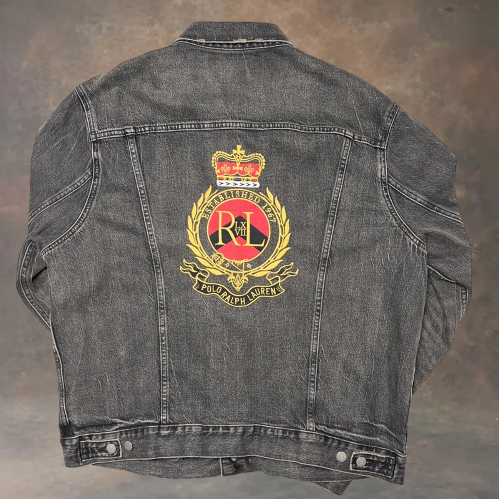 Size 2XL Polo Ralph Lauren Crown Crest Denim Trucker Jacket 'Black' Pre-Owned